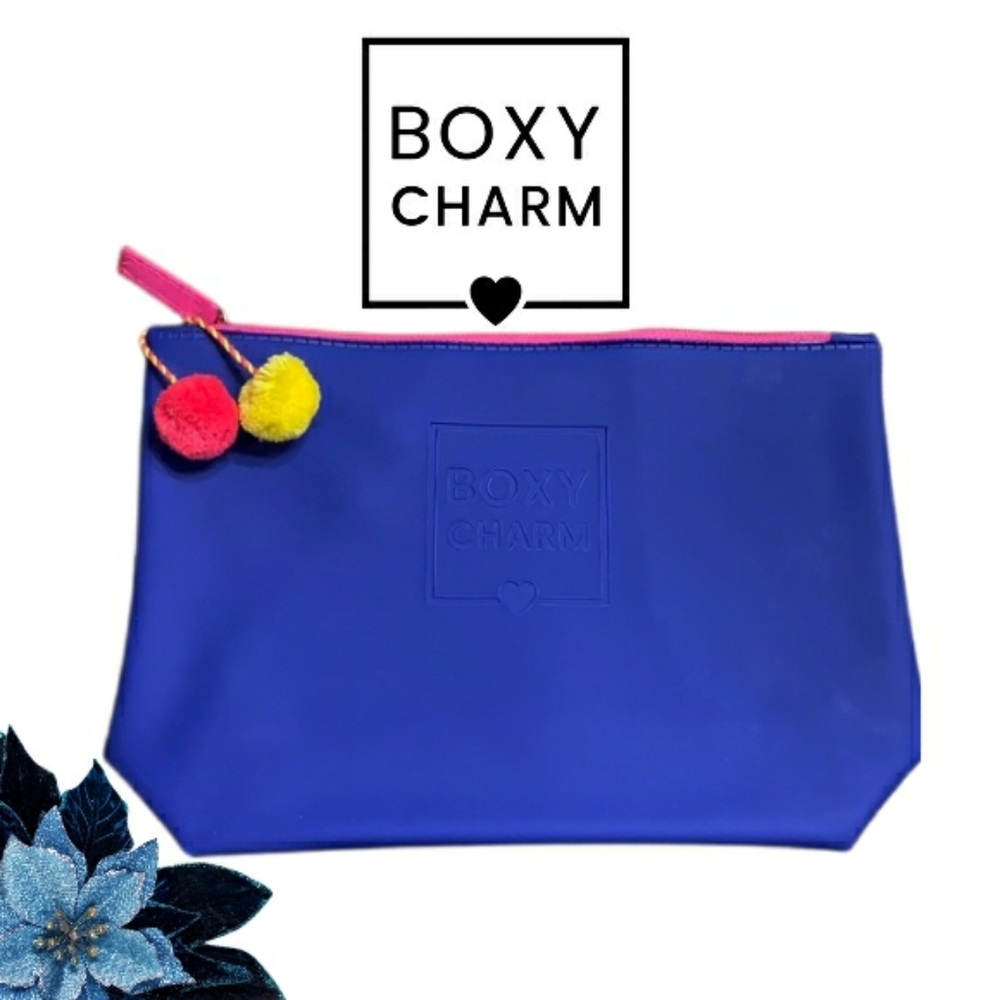 LE Boxycharm Blue Jelly Bag Cosmetic Toiletry Makeup with Neon Pom Poms *BNIP